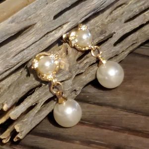 White Faux Cultured Pearl Faux Austrian Crystal Gold Plated Dangle Earrings